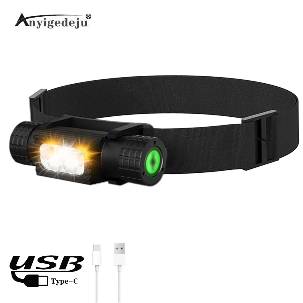 395nm UV LED Mini Headlamp High Power White Purple Light Headlight Type-C 18650 Head Torch Multi-function Flashlight Lamp