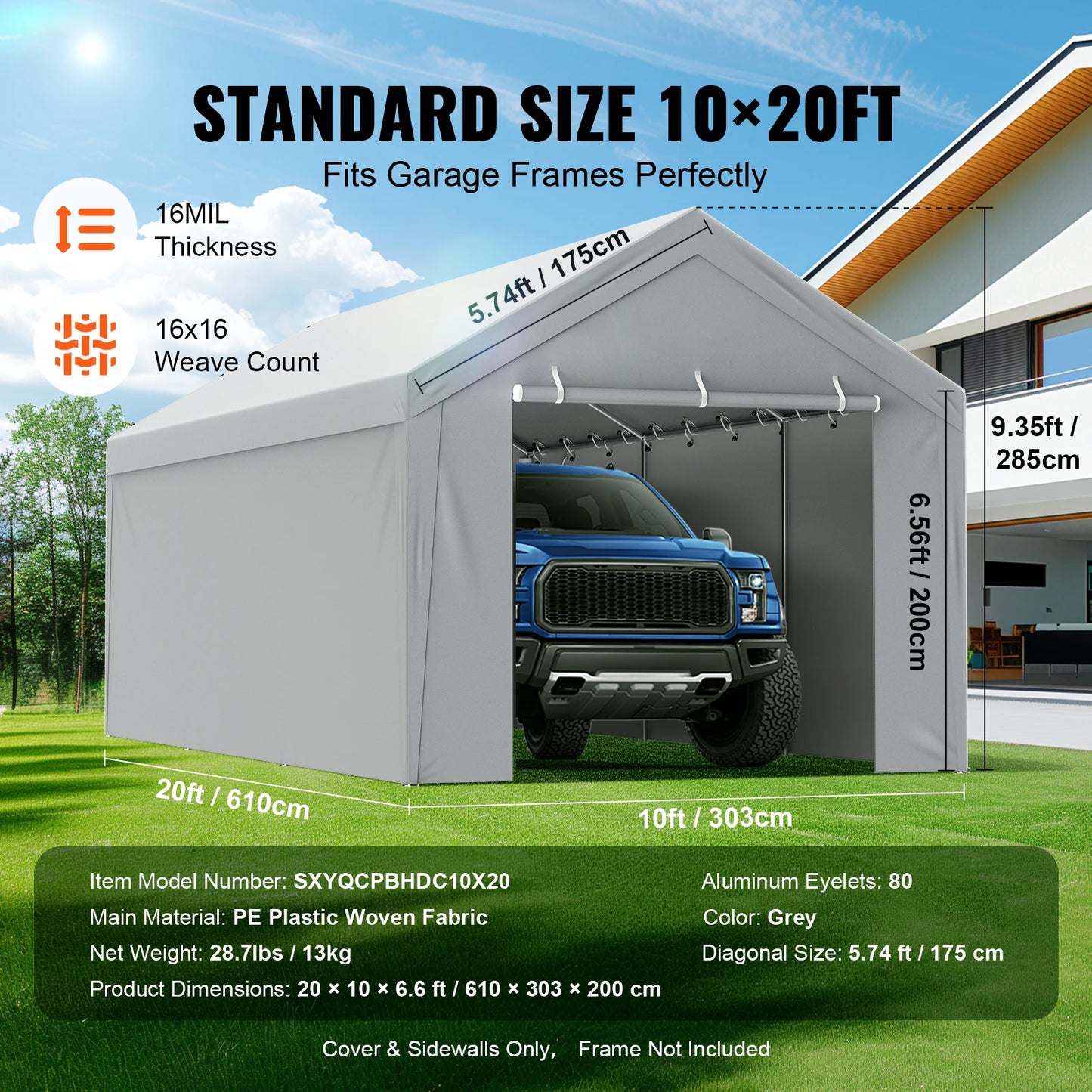 VEVOR Carport Replacement Canopy Cover Garage Top Tent Shelter Tarp Heavy-Duty Waterproof & UV Protected （Frame Not Include）