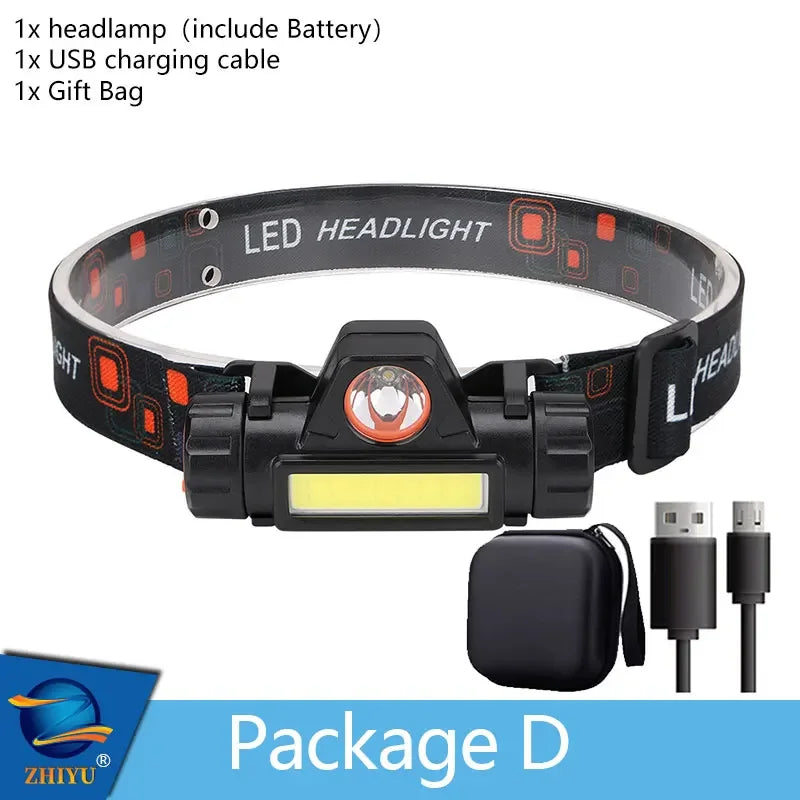 ZHIYU Portable Mini Flashlight Q5+COB Led Headlamp High Power Rechargeable Built-in Battery Outdoor Camping Fishing Headlight