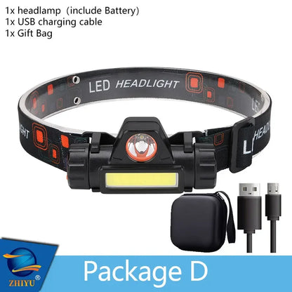 ZHIYU Portable Mini Flashlight Q5+COB Led Headlamp High Power Rechargeable Built-in Battery Outdoor Camping Fishing Headlight
