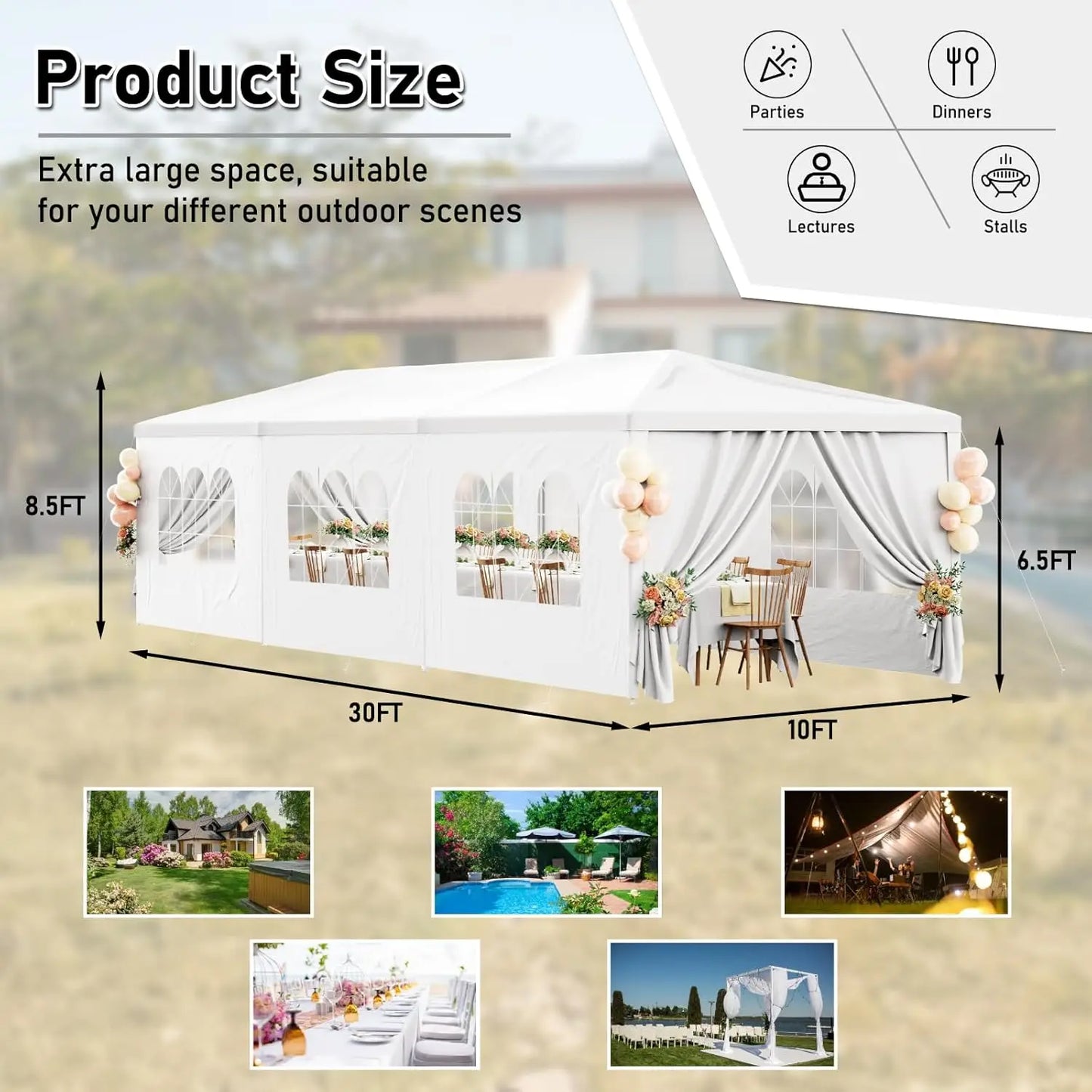 10x30FT White Party Tent Outdoor Canopy Tent Heavy Duty Wedding Tent Waterproof Patio Gazebo Event Tents for Parties