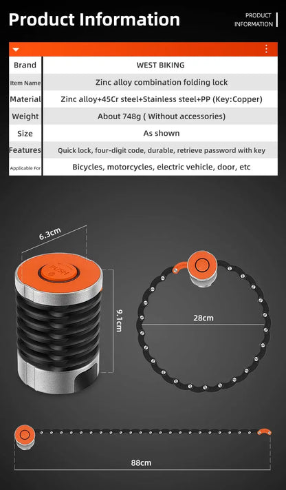 WEST BIKING Foldable Bike Lock Key Password Security Anti-Theft Lock MTB Road Bicycle Scooter Electric Bike Cycling Chain Lock