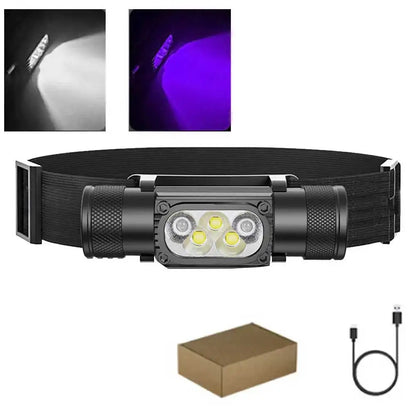 395nm UV LED Mini Headlamp High Power White Purple Light Headlight Type-C 18650 Head Torch Multi-function Flashlight Lamp