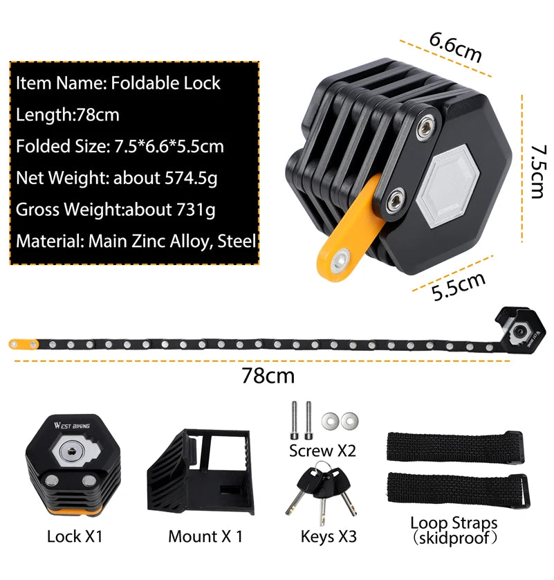 WEST BIKING Foldable Bike Lock Key Password Security Anti-Theft Lock MTB Road Bicycle Scooter Electric Bike Cycling Chain Lock