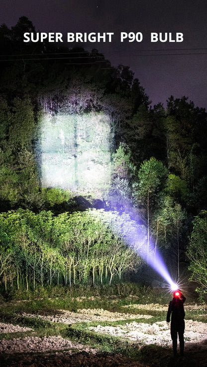 Super Bright LED Headlamp with XHP90 Lamp Beads Waterproof Headlight Power Display Suitable Exploration Hunting Fishing