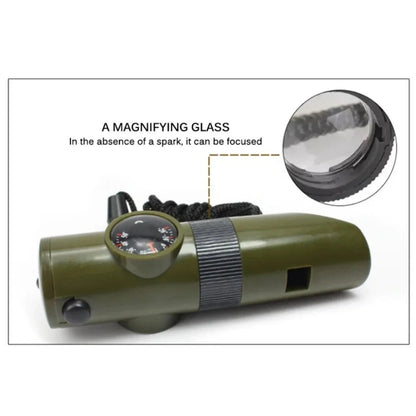 7 in 1 Jungle Survival Whistle Hiking Whistle Compass Mirror Flashlight Magnifier LED Light Thermometer Storage Compass Tool
