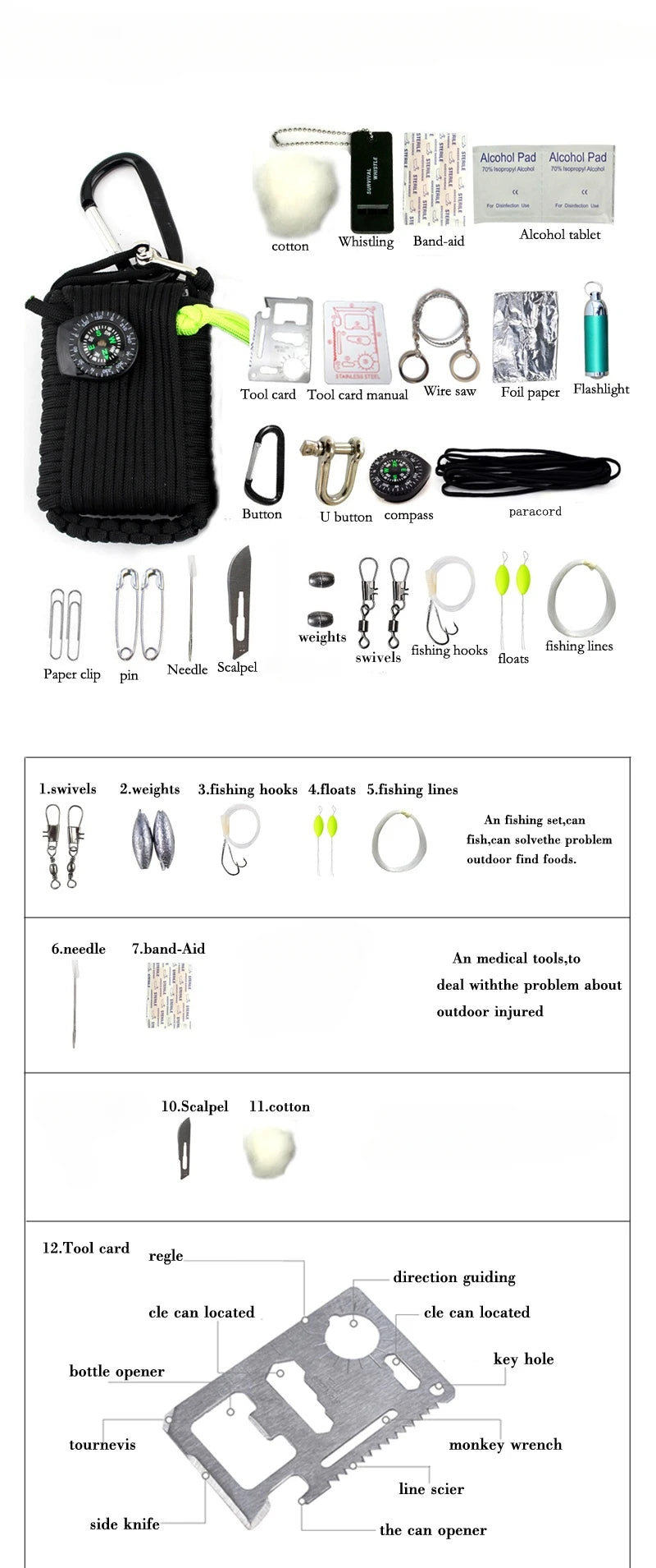 Climbing Umbrella Rope Equipment Kit, Emergency First Aid, Camping Hiking Safety Survival Tools, Outdoor Sobrevivência