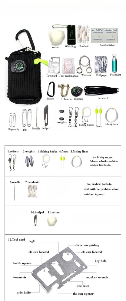 Climbing Umbrella Rope Equipment Kit, Emergency First Aid, Camping Hiking Safety Survival Tools, Outdoor Sobrevivência