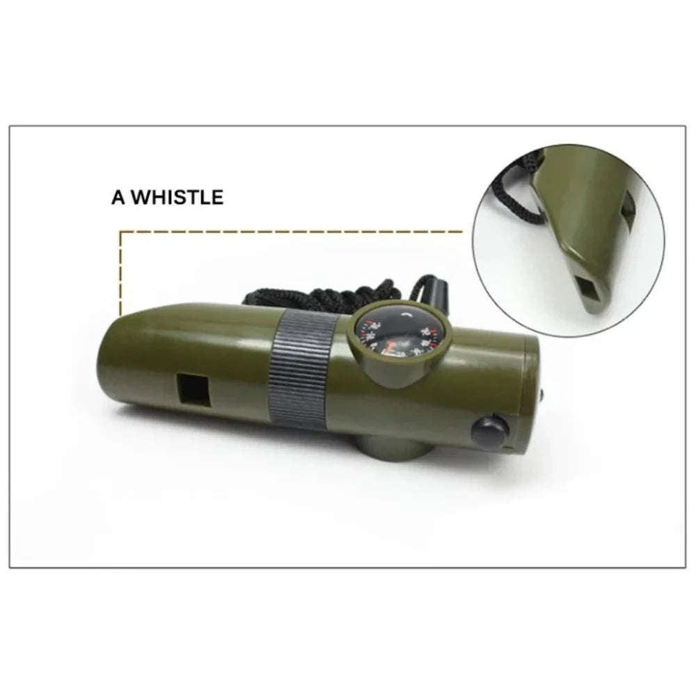 7 in 1 Jungle Survival Whistle Hiking Whistle Compass Mirror Flashlight Magnifier LED Light Thermometer Storage Compass Tool