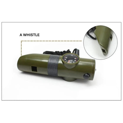 7 in 1 Jungle Survival Whistle Hiking Whistle Compass Mirror Flashlight Magnifier LED Light Thermometer Storage Compass Tool