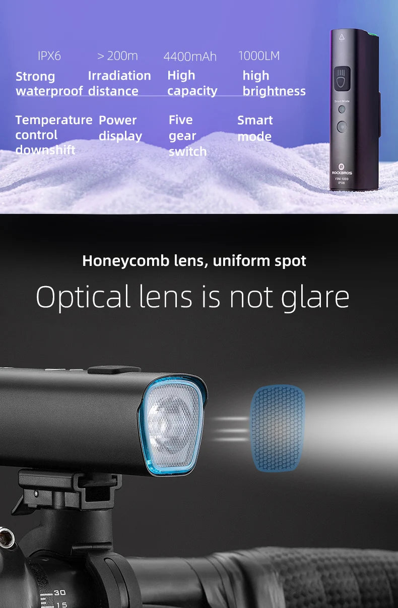 ROCKBROS 1000LM Bike Light Smart Vibration Light Sensing Bicycle Front Light IPX6 Type-C MTB Road Headlebar Cycling Headlights