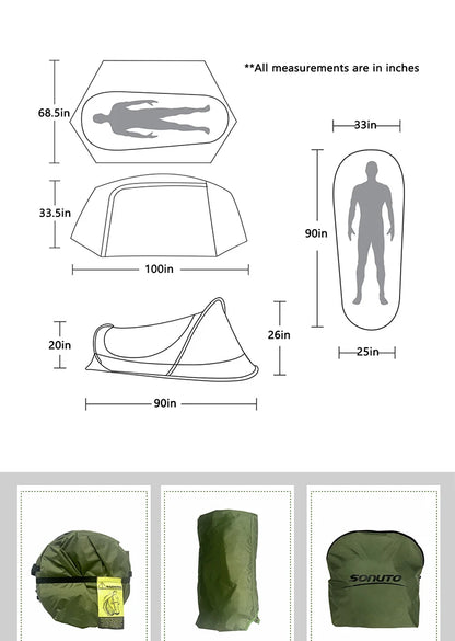 Sonuto-Lightweight Camping and Mountaineering Hiking Tent, Aluminum Alloy Poles, Waterproof and Mosquito Proof, Single Person