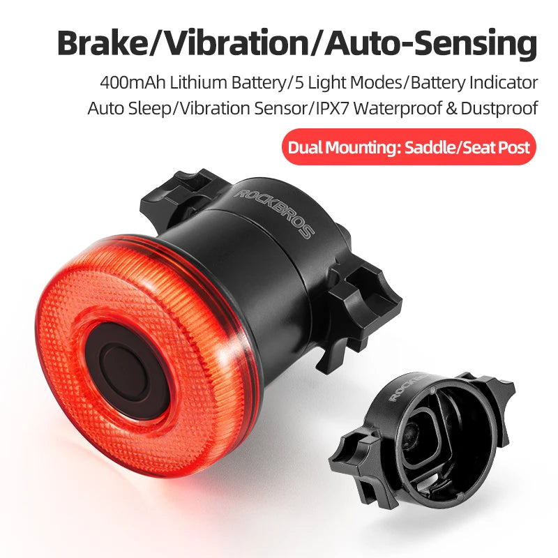 ROCKBROS Smart Bike Tail Light Bicycle Rear Lights IPX6 Waterproof Bike Lights for Night Riding with Type C Rechargeable