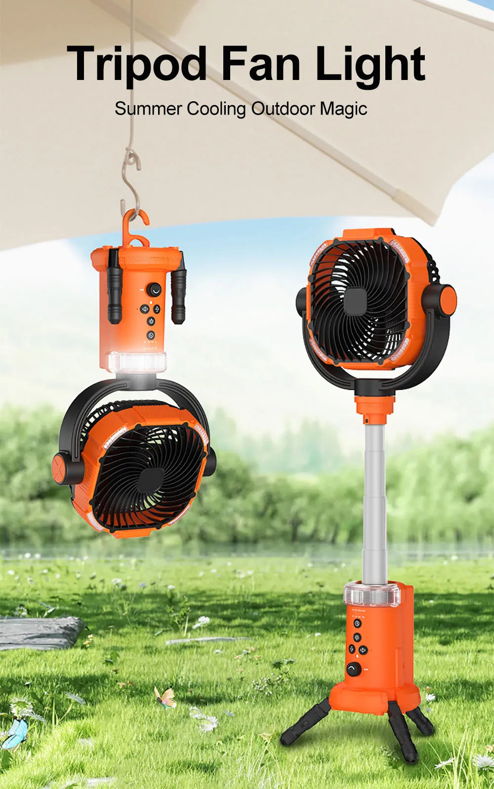 Camping Fan 20000mAh USB Rechargeable for Camping Tent Portable Wireless Hook Ceiling Fan with LED Light and Remote Control