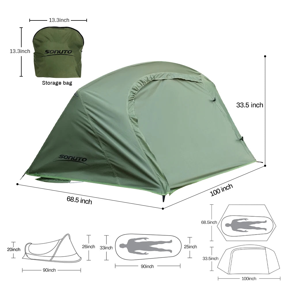 Sonuto-Lightweight Camping and Mountaineering Hiking Tent, Aluminum Alloy Poles, Waterproof and Mosquito Proof, Single Person