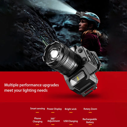Rechargeable LED Headlamp Super Bright with 5 Modes Zoom Torch Head Lamp Motion Sensor Head Lights For Camping Running Cycling