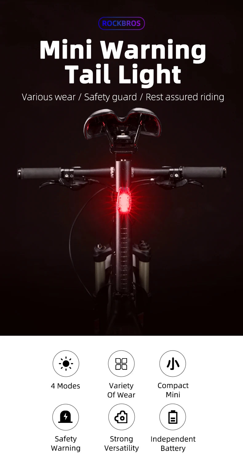 ROCKBROS Bike Rear Light  Bicycle Warning Tail Light Cycling Helmet Bag Taillight Lantern Water Repellent Mini Bike Accessories