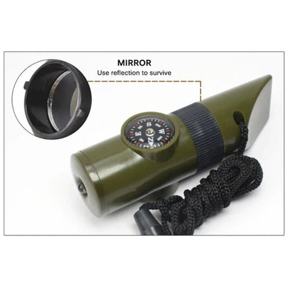 7 in 1 Jungle Survival Whistle Hiking Whistle Compass Mirror Flashlight Magnifier LED Light Thermometer Storage Compass Tool
