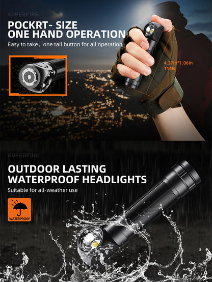 Latest SUPERFIRE High Power Headlamp LED USB Rechargeable 90°Headlight Torch Mini Waterproof Indicator Magnet Tail Flashlight