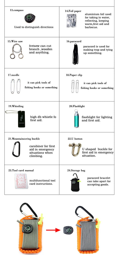 Climbing Umbrella Rope Equipment Kit, Emergency First Aid, Camping Hiking Safety Survival Tools, Outdoor Sobrevivência