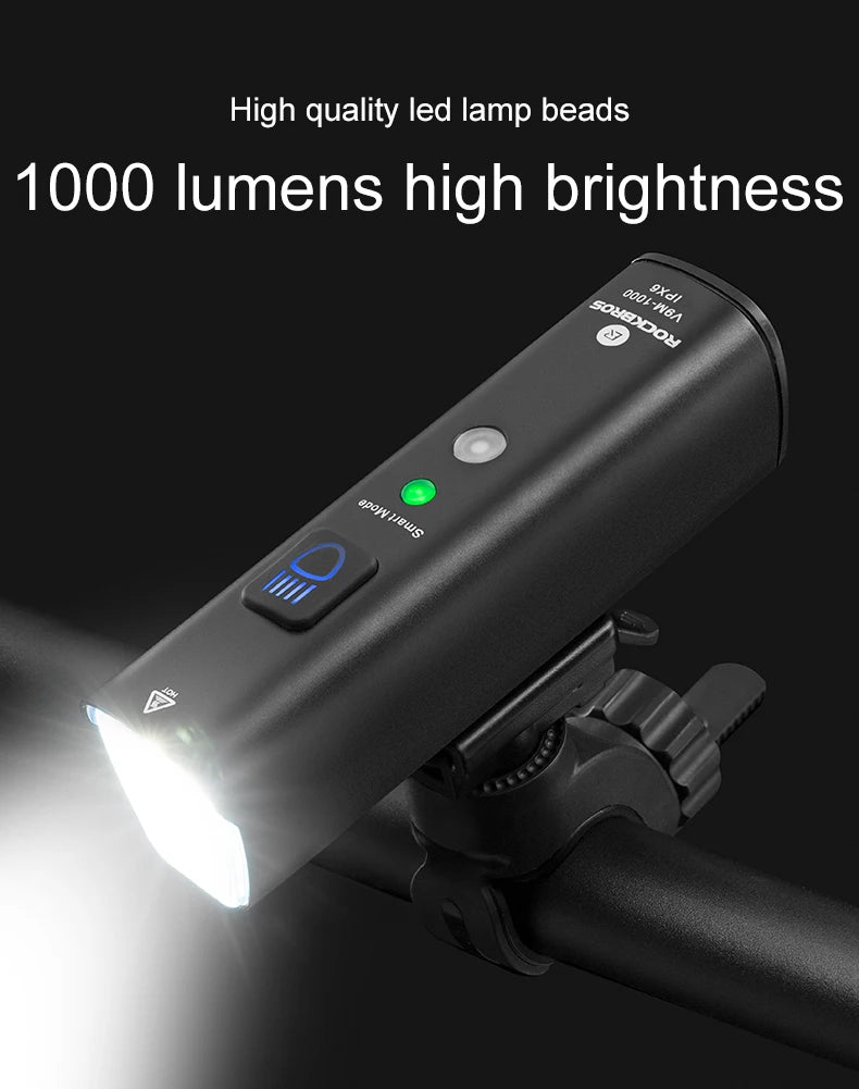 ROCKBROS 1000LM Bike Light Smart Vibration Light Sensing Bicycle Front Light IPX6 Type-C MTB Road Headlebar Cycling Headlights