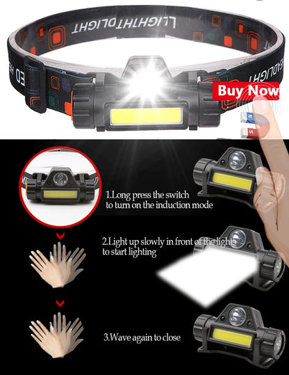 ZK40 Zoomable Built-in Battery Camping Powerful LED Headlamp COB USB Rechargeable Headlight Waterproof Head Torch  Lamp Lantern