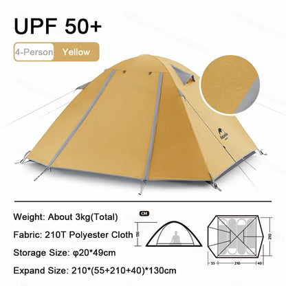 Naturehike-Outdoor Camping Tent, 2, 3, 4 Person, Double Layer Waterproof Tent for Backpacking, Hiking, Car Camping