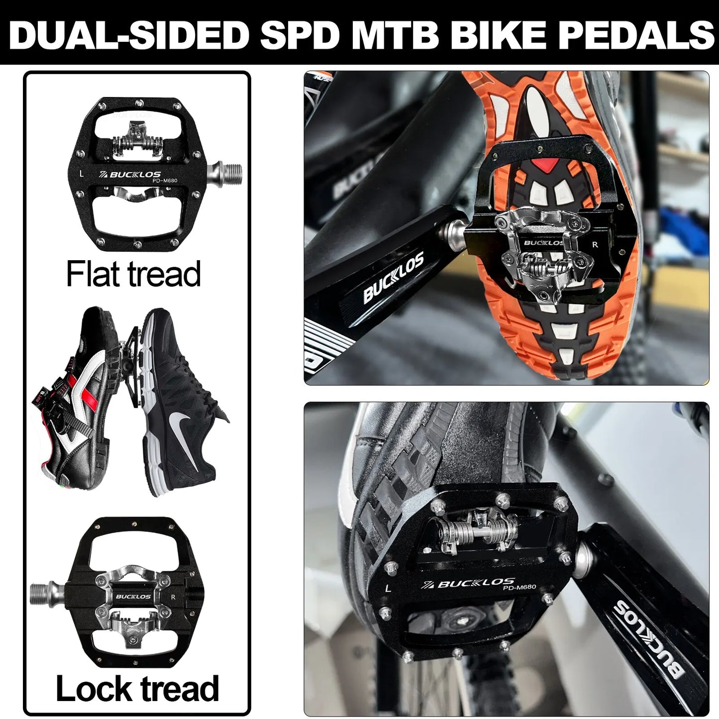 BUCKLOS Mountain Bike Pedals 3 Sealed Bearing PD-M680 Dual Clipless Flat & Lock Pedal Aluminum Cycling Pedals Fit Shimano SPD