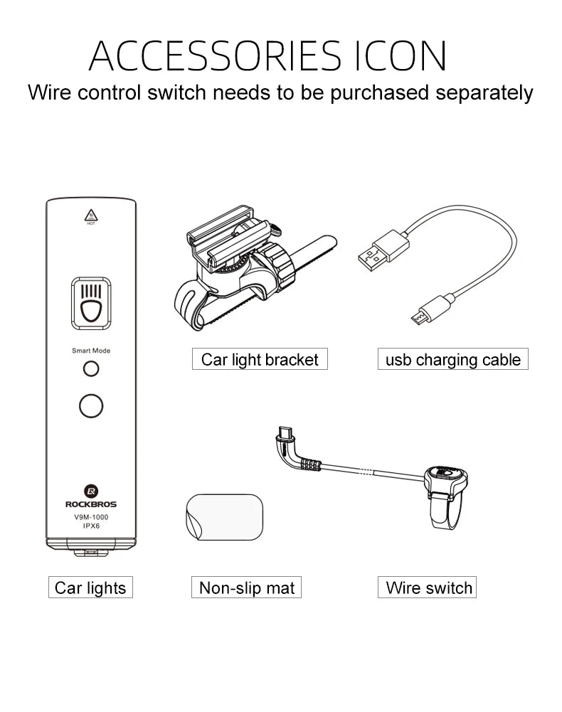 ROCKBROS 1000LM Bike Light Smart Vibration Light Sensing Bicycle Front Light IPX6 Type-C MTB Road Headlebar Cycling Headlights