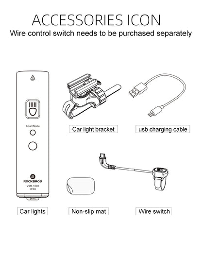 ROCKBROS 1000LM Bike Light Smart Vibration Light Sensing Bicycle Front Light IPX6 Type-C MTB Road Headlebar Cycling Headlights