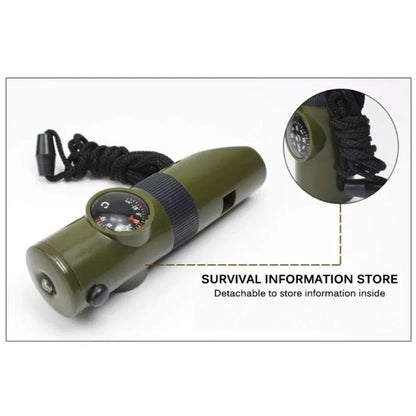 7 in 1 Jungle Survival Whistle Hiking Whistle Compass Mirror Flashlight Magnifier LED Light Thermometer Storage Compass Tool