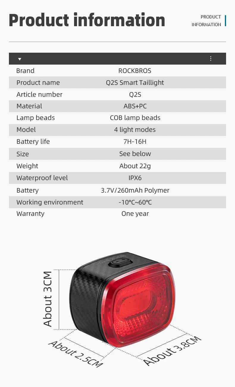 ROCKBROS Smart Bicycle Tail Rear Light Auto Stop Brake IPX6 Waterproof Type-C Charge Cycling Tail Taillight Bike LED Lights