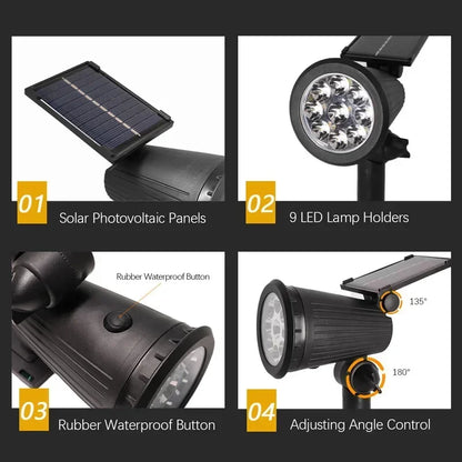 KDULIT 1-2PCS 9LED Solar Powered Lawn Lamp Adjustable Outdoor IP65 Waterproof Garden Courtyard Decoration Street Lamp Spotlight