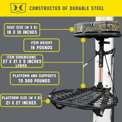 COMBAT Durable Compact Steel Tree Stand W/21 By 27 Inch Platform, Adjustable Seat & Full Body Safety Harness for Outdoor Hunting