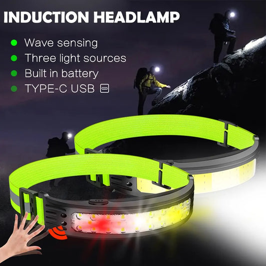 COB Sensor Headlight Built in Battery Fishing Headlamp Rechargeable 6 Modes Head Torch Outdoor Camping Flashlight