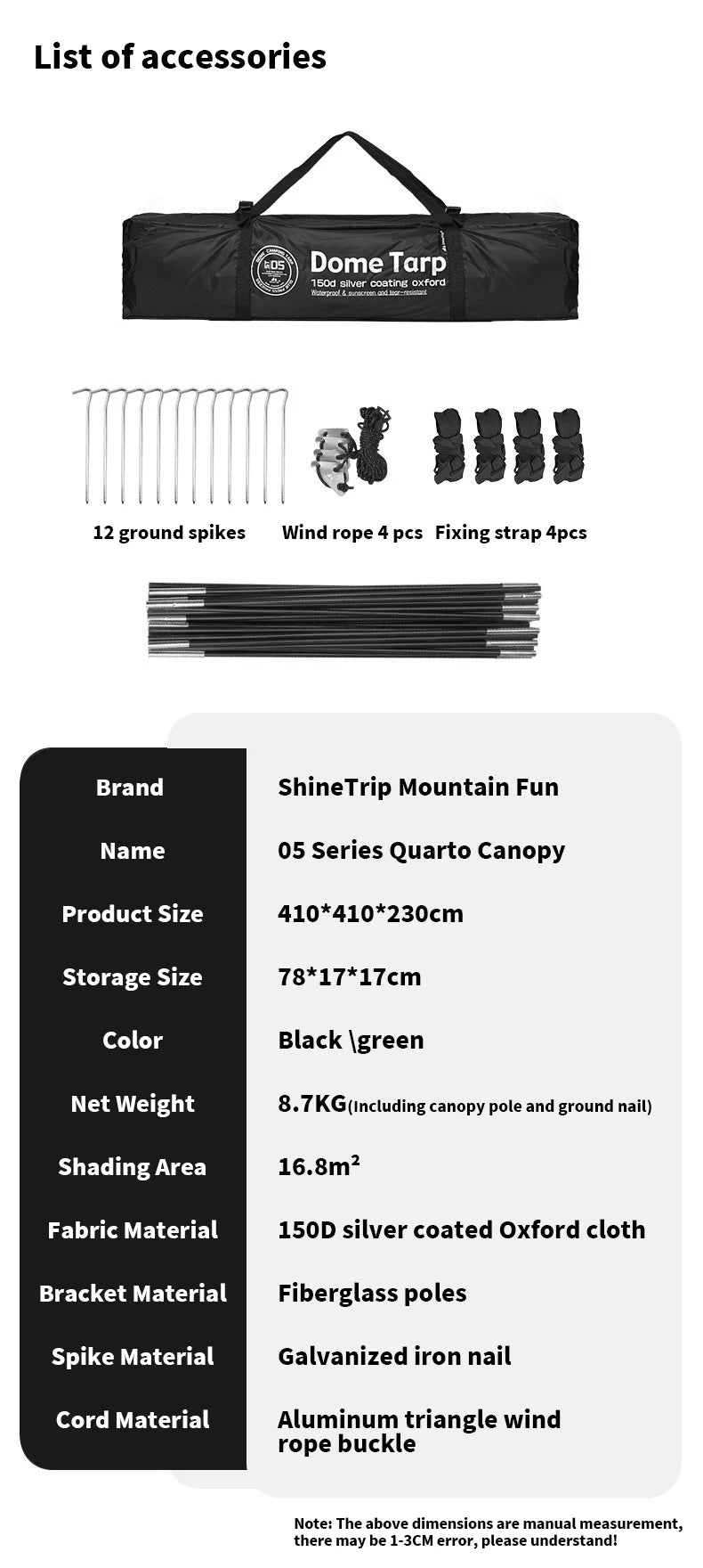 ShineTrip Outdoor Silver Coated Canopy Rainproof And Sunscreen Self-driving PU3000MM Waterproof Camping Sunshade Tent Dome