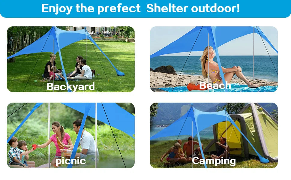 Outdoor Beach Sun Shade Portable UV Protection Family Camping Beach Tent Canopy with Storage Bag for Beach Camping Party Picnic