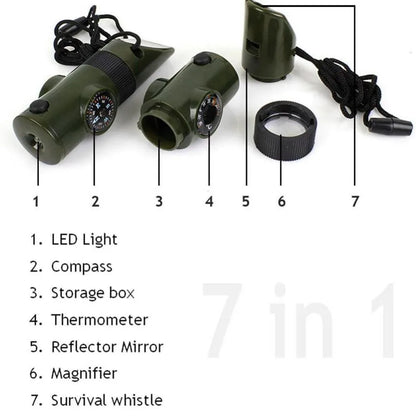 7 in 1 Jungle Survival Whistle Hiking Whistle Compass Mirror Flashlight Magnifier LED Light Thermometer Storage Compass Tool