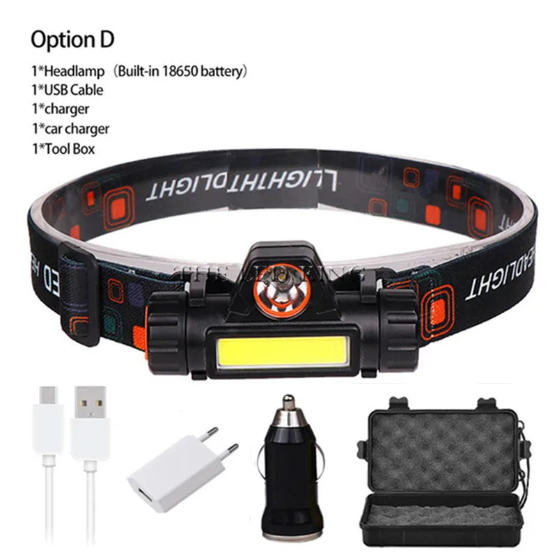 Portable Mini Powerful Flashlight Q5+COB Led Headlamp Built-in 18650 Battery Magnet Headlight Stepless Dimming Torch Work Lamp