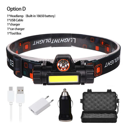 Portable Mini Powerful Flashlight Q5+COB Led Headlamp Built-in 18650 Battery Magnet Headlight Stepless Dimming Torch Work Lamp