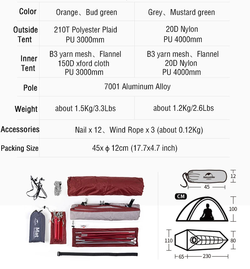 Naturehike Tent Cloud Up Series Ultralight Outdoor Camping Tent Waterproof Backpacking Cycling Tent Camping Tent With Floor Mat