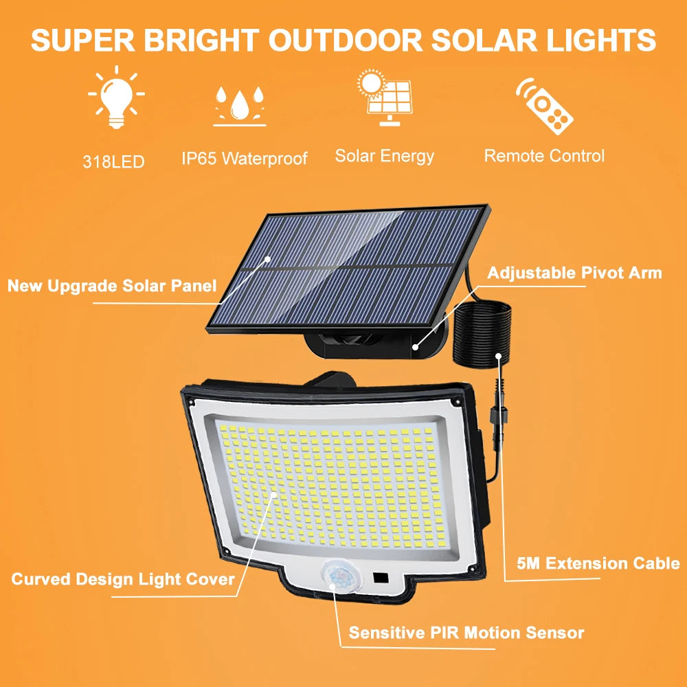 Solar Flood Lights Outdoor 106/318 LED Solar Motion Lights Remote Solar Security Lights Wall Lights Waterproof 3 Modes Garden