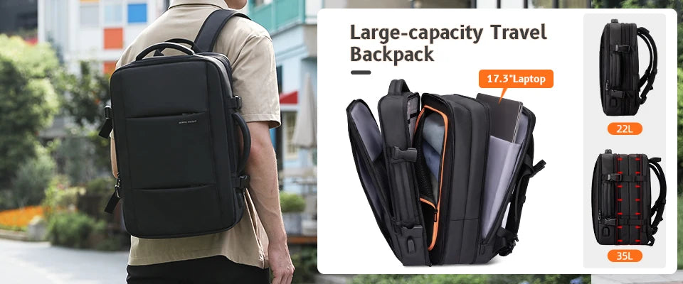 HK Expandable Travel Backpack Men Large Capacity Waterproof 15.6” Laptop Bag Hiking Rucksack Cycling Daypack Bag with USB Port