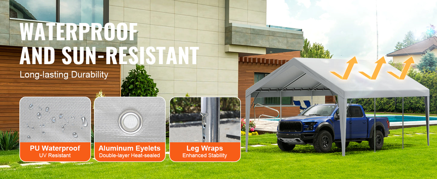 VEVOR Carport Replacement Canopy Cover Garage Top Tent Shelter Tarp Heavy-Duty Waterproof & UV Protected （Frame Not Include）